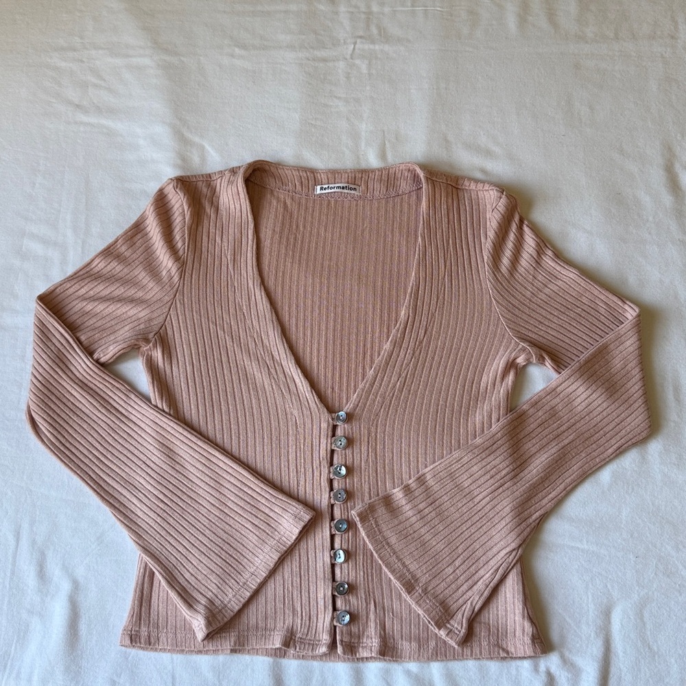 Reformation Pale Pink Ribbed Button-Front Long Sleeve Top - Picture 2 of 8